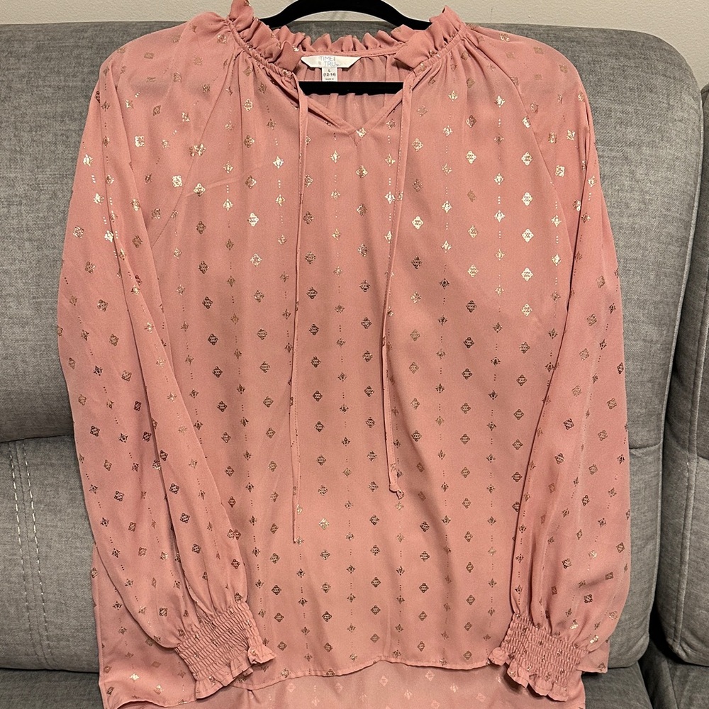 Time and Tru Blush Pink Blouse with Gold Accents